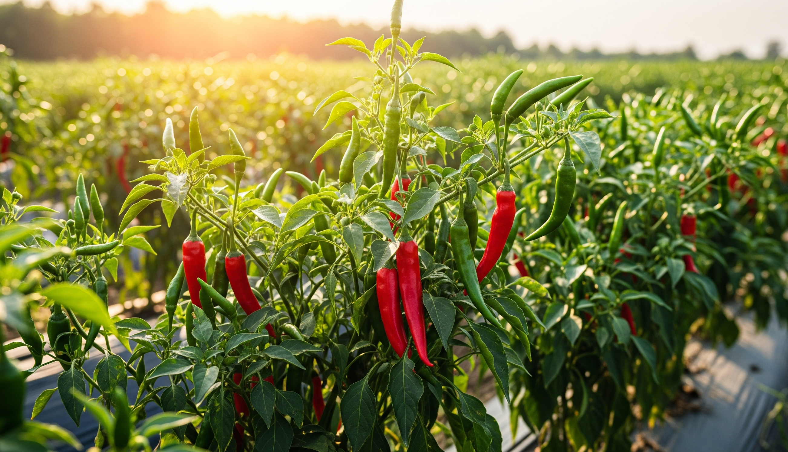 A high-quality, natural-looking photograph of a vibrant chilli farm with red and green chillies.